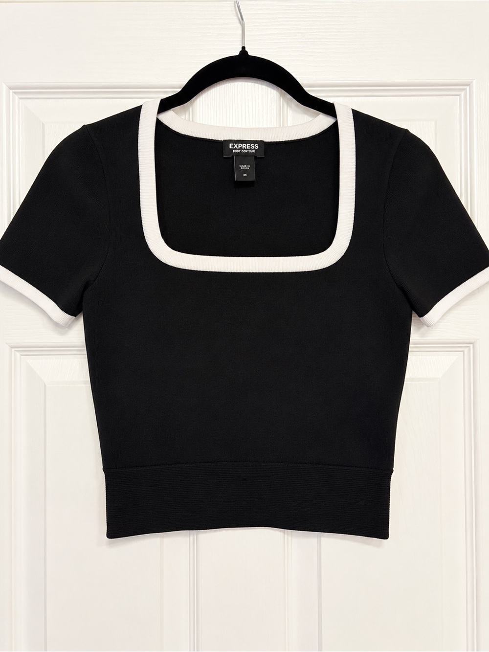 Express Black Crop Top with White Contrast Square Neck